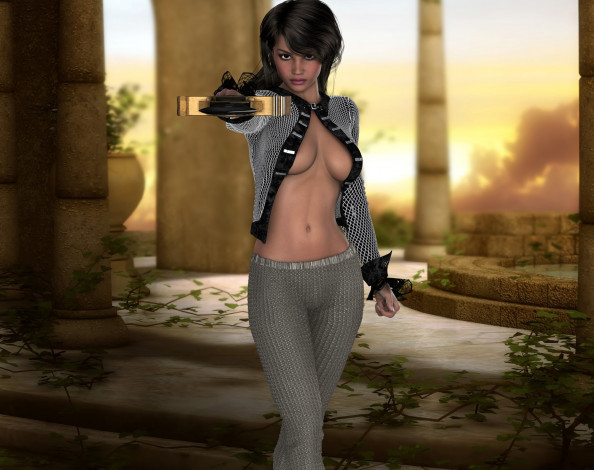 Обои картинки фото 3д графика, люди , people, фон, взгляд, девушка, меч