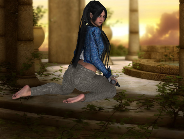 Обои картинки фото 3д графика, люди , people, скамейка, фон, взгляд, девушка