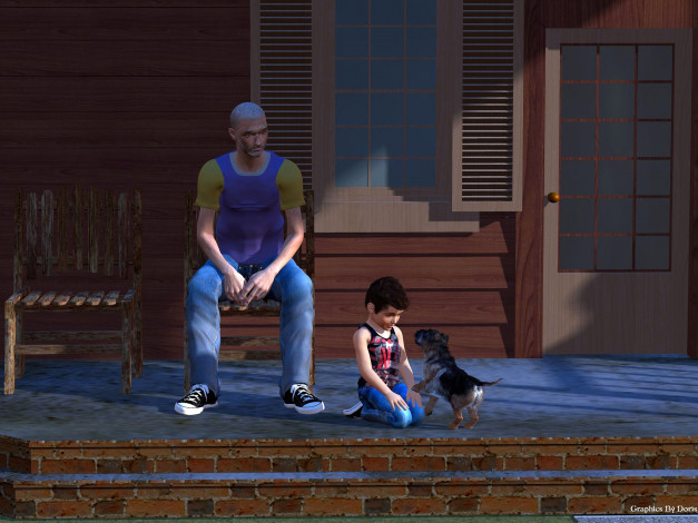 Обои картинки фото 3д графика, люди , people, мальчик, собака, мужчина