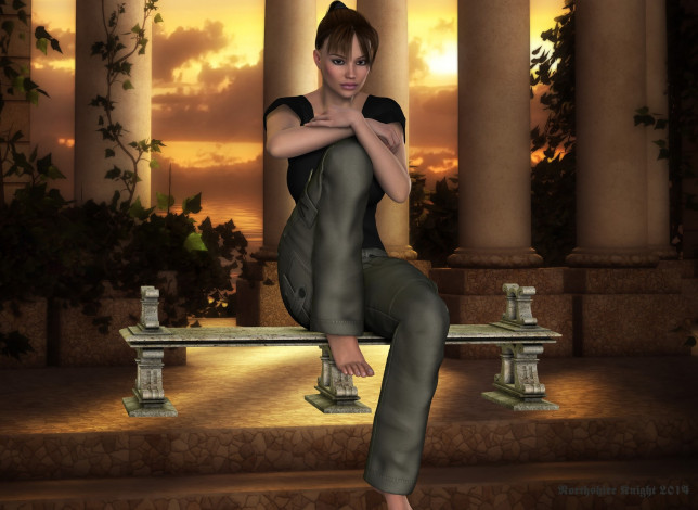 Обои картинки фото 3д графика, люди , people, скамейка, фон, взгляд, девушка