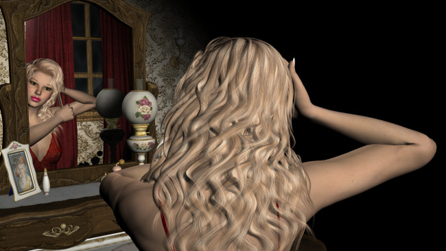 Обои картинки фото 3д графика, люди , people, взгляд, девушка, зеркало, фон