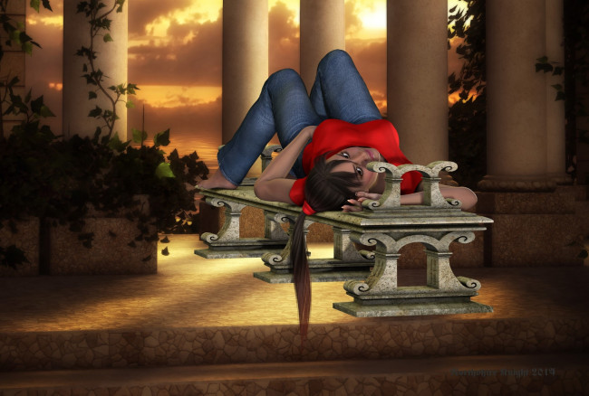 Обои картинки фото 3д графика, люди , people, колоны, фон, взгляд, девушка, скамейка, джинсы