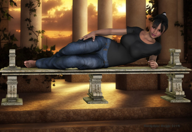 Обои картинки фото 3д графика, люди , people, фон, скамейка, взгляд, девушка