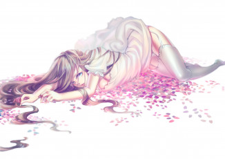 Картинка автор +quuni аниме unknown +другое лепестки девушка фон арт
