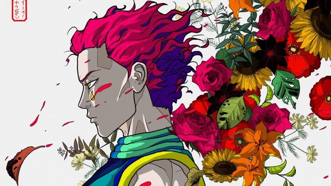 Обои картинки фото аниме, hunter x hunter, цветы, охотник, хисока, парень, арт