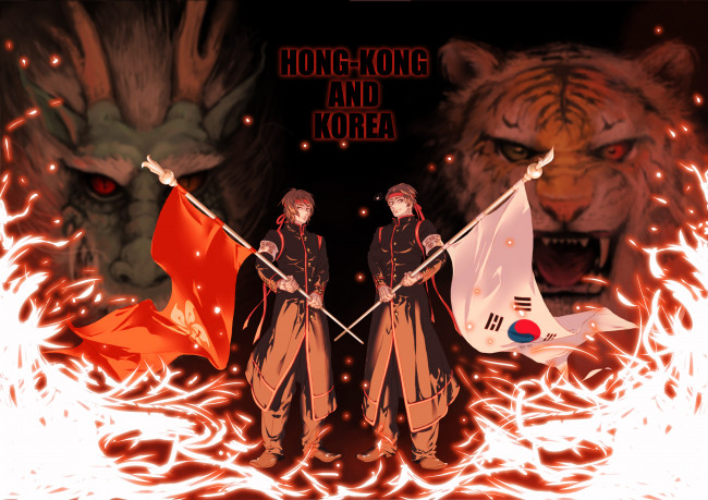 Обои картинки фото аниме, hetalia,  axis powers, флаги, парни, арт