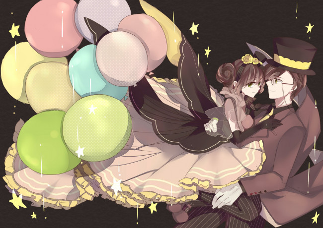 Обои картинки фото аниме, hetalia,  axis powers, шарики, пара, романтика