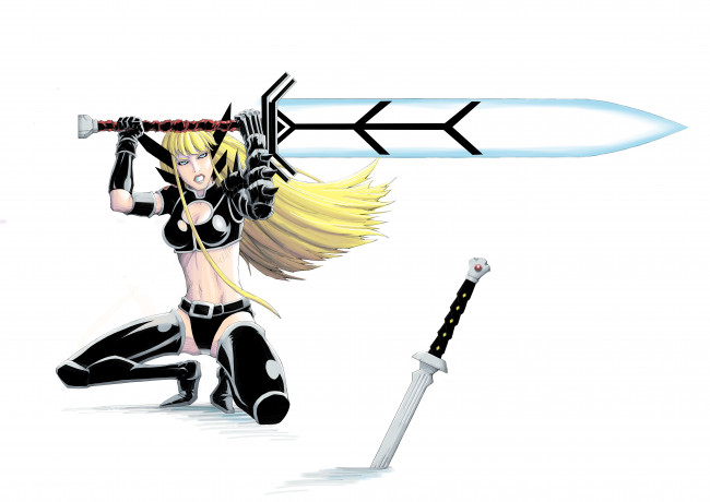 Обои картинки фото рисованное, комиксы, меч, взгляд, фон, девушка