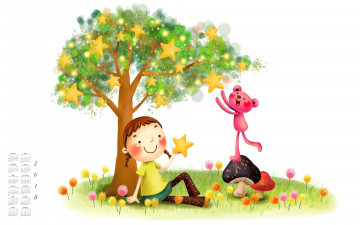 Картинка календари рисованные +векторная+графика гриб девочка 2018 дерево медведь звезда