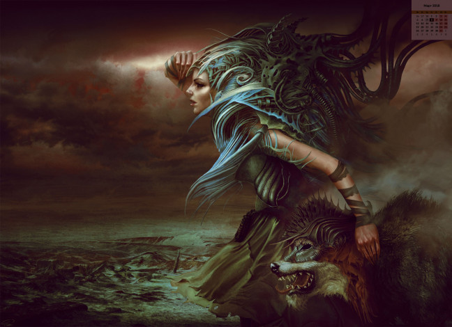Обои картинки фото календари, фэнтези, животное, водоем, взгляд, лицо, девушка, 2018