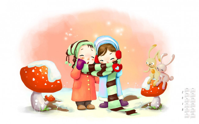 Обои картинки фото календари, рисованные,  векторная графика, 2018, девочка, гриб, заяц, мальчик, шарф