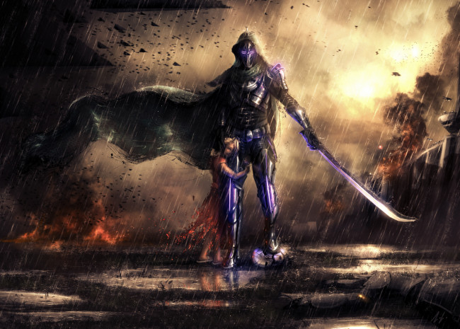 Обои картинки фото видео игры, destiny 2, hunter, destiny, 2, ребёнок, меч, дождь, little, girl