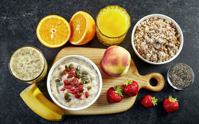 Обои картинки фото еда, разное, банан, клубника, апельсин, каша