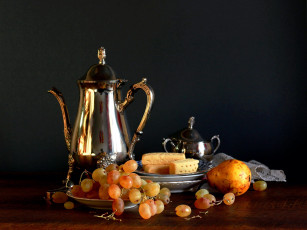 Картинка еда разное кофейник сыр виноград груша