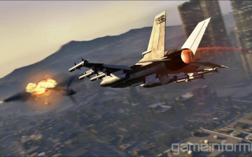 Картинка видео+игры grand+theft+auto+v самолет стрельба город