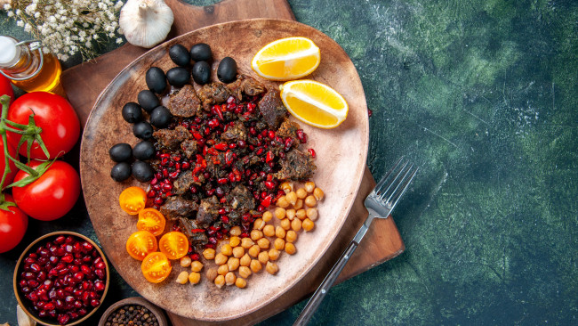 Обои картинки фото еда, разное, мясо, фрукты, блюдо