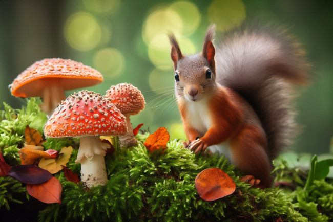 Обои картинки фото разное, компьютерный дизайн, белка, морда, интерес, грибы, мухомор, природа