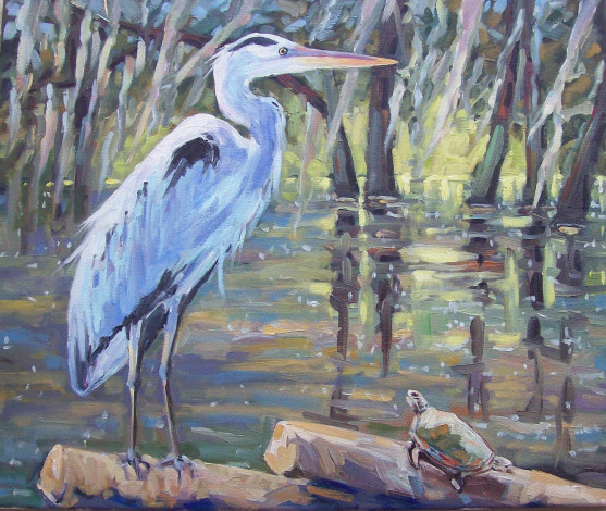 Обои картинки фото maggie, ruley, рисованные, цапля, и, черепаха