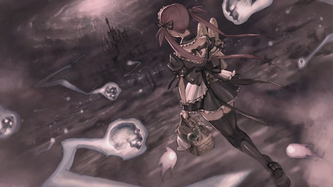 Обои картинки фото аниме, halloween, magic, корзинка, черепа, замок, ночь, молния