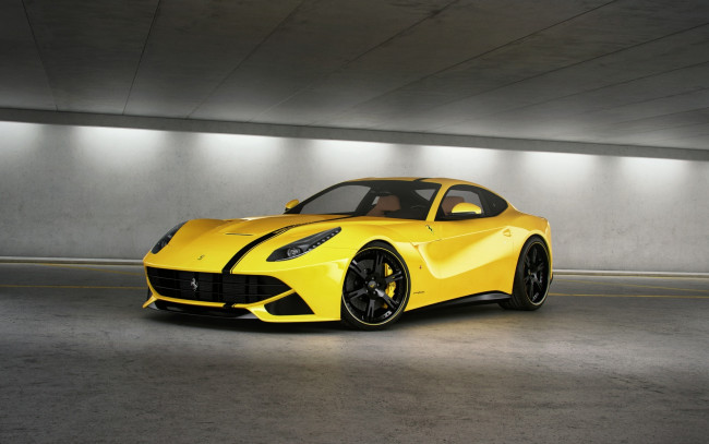 Обои картинки фото автомобили, ferrari, парковка, чёрная, полоса, вид, спереди, f12, berlinetta, yellow, берилинетта, жёлтый