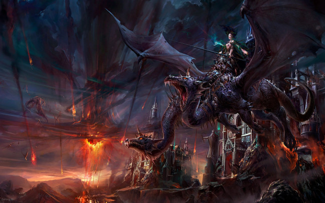 Обои картинки фото dehong, he, фэнтези, драконы, замок, огонь, гары