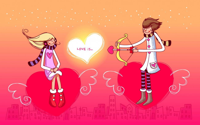 Обои картинки фото праздничные, день, св, валентина, сердечки, любовь, парень, девушка, стрела