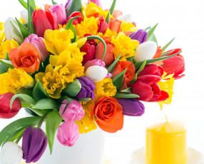 Картинка цветы разные+вместе свеча нарциссы тюльпаны розы