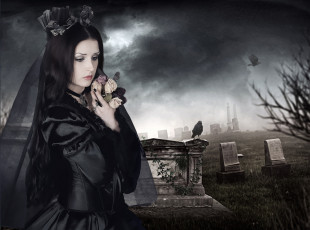 Картинка фэнтези фотоарт ворон цветок девушка траур