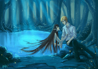 Картинка фэнтези эльфы лес озеро человек эльф стволы