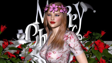 обоя 3д графика, people , люди, фон, цветы, венок, взгляд, девушка