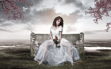 Картинка фэнтези фотоарт наряд скамья девушка букет поле