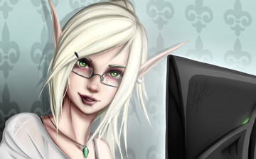 Картинка фэнтези эльфы эльф ноутбук уши серьги блондинка лицо