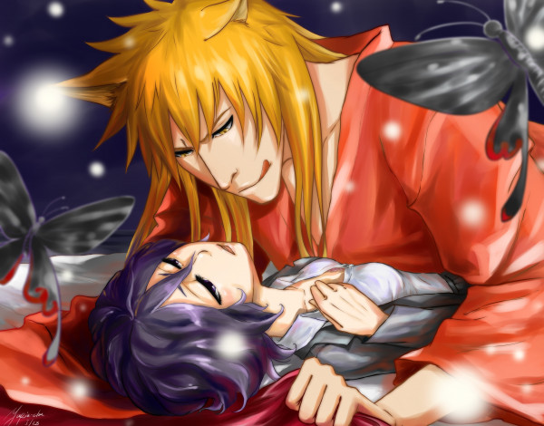 Обои картинки фото аниме, bleach, парень, брюнетка, девушка, рыжий, рукия, ичиго, арт, блич