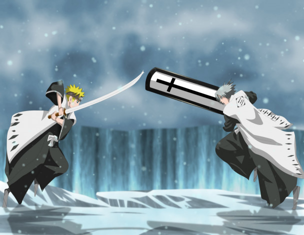 Обои картинки фото аниме, *unknown , другое, наруто, блич, бой, арт, мечи, оружие