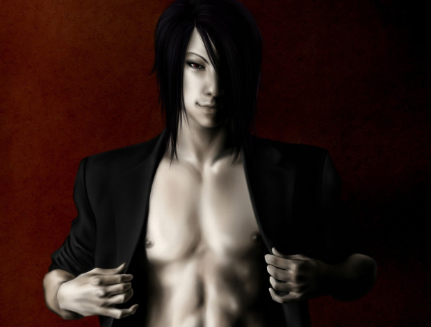 Обои картинки фото аниме, kuroshitsuji, улыбка, пиджак, взгляд, парень, арт, темный, дворецкий