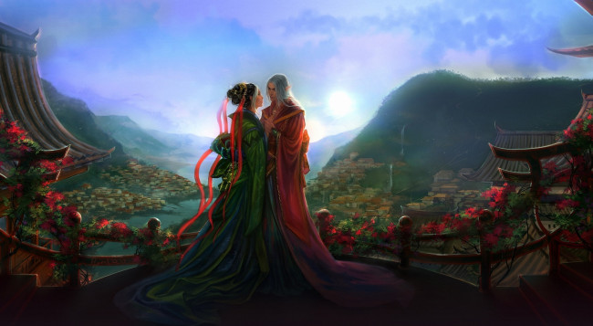 Обои картинки фото фэнтези, эльфы, пара, любовь, закат, пейзаж, двое