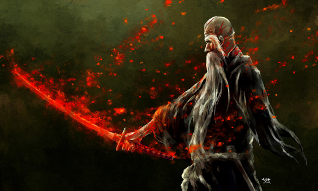 Обои картинки фото аниме, bleach, огонь, главный, меч, старик, блич, арт