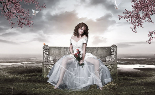 Обои картинки фото фэнтези, фотоарт, наряд, скамья, девушка, букет, поле