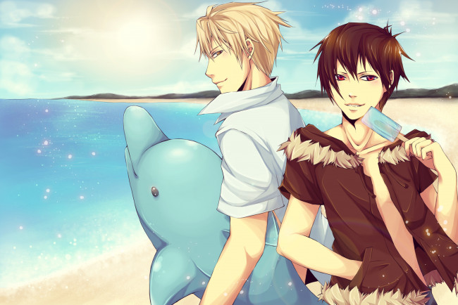 Обои картинки фото аниме, dyurarara, солнце, шизуо, парни, пляж, море, изая, песок, дюрарара, дельфин
