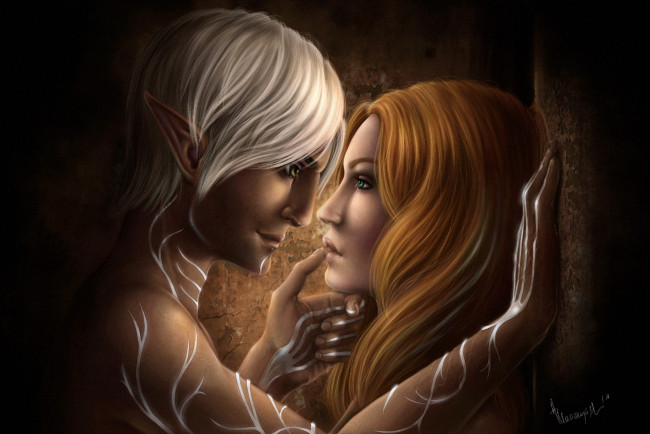 Обои картинки фото видео игры, dragon age 2, девушка, фан, арт, парень, эльф