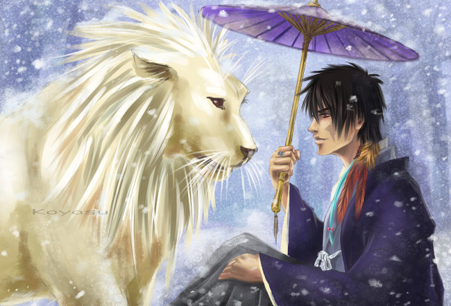 Обои картинки фото аниме, katekyo hitman reborn, арт, лев, зонт, парень, реборн