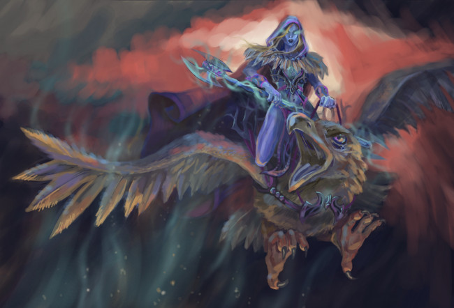 Обои картинки фото фэнтези, маги,  волшебники, рисованная, полёт, клюв, птица, девушка