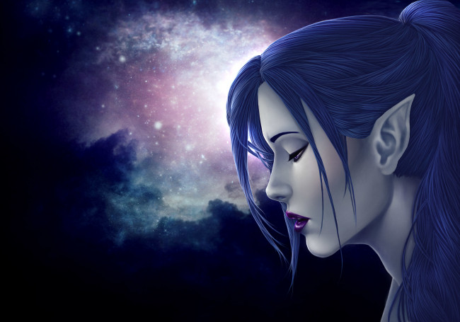 Обои картинки фото фэнтези, эльфы, синие, волосы, эльф, уши, профиль, лицо