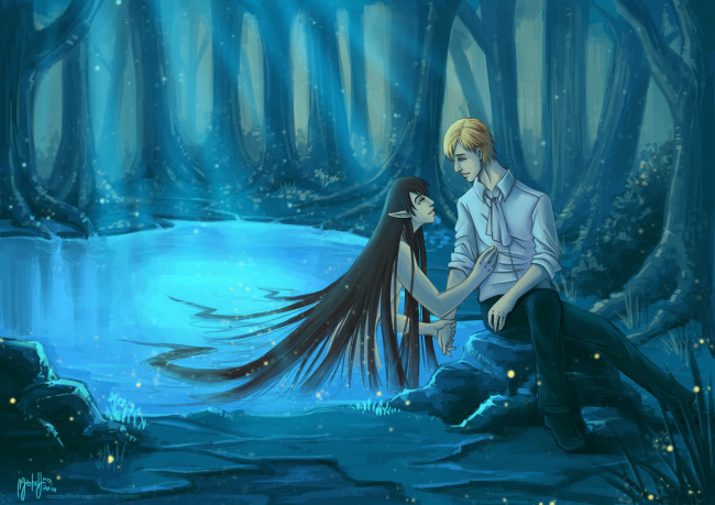 Обои картинки фото фэнтези, эльфы, лес, озеро, человек, эльф, стволы