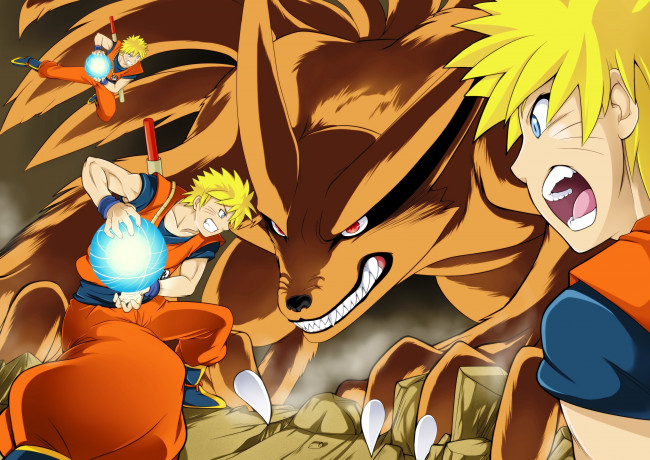 Обои картинки фото аниме, naruto, наруто, кьюби, разенган, бой, клоны