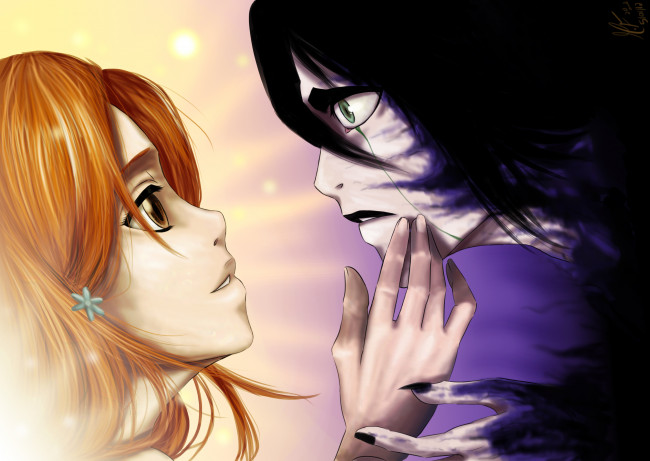 Обои картинки фото аниме, bleach, взгляд, девушка, парень, нежность, улькиорра, орихиме