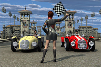 Картинка 3д+графика люди+ people фон взгляд автомобили гонка флаг девушка