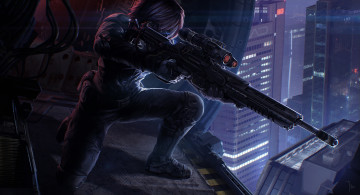 Картинка фэнтези люди высотки небоскребы снайпер винтовка костюм арт