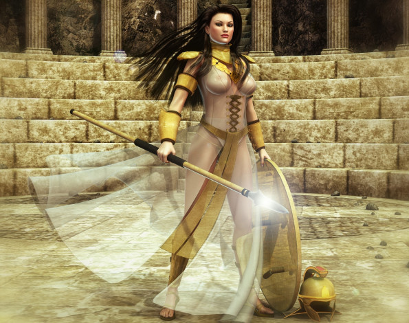 Обои картинки фото 3д графика, амазонки , amazon, взгляд, фон, оружие, девушка