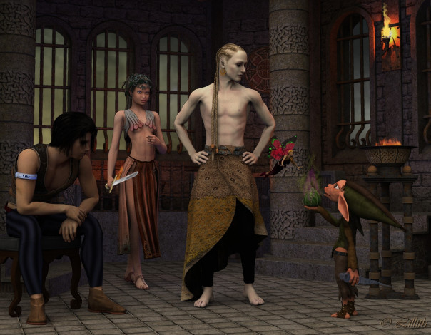 Обои картинки фото 3д графика, фантазия , fantasy, взгляд, девушка, троль, мужчины, оружие, фон